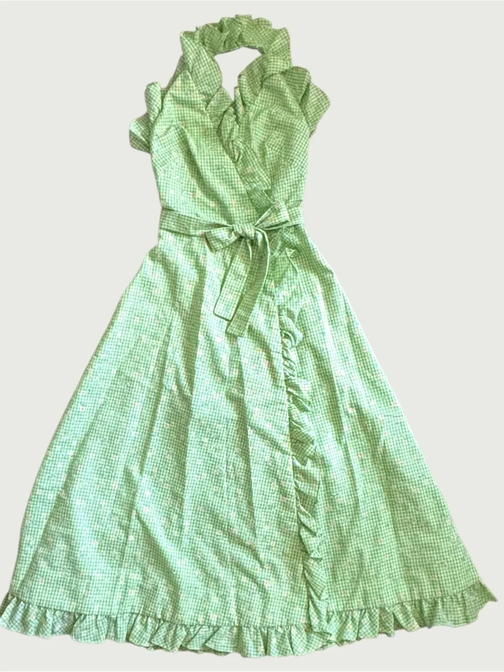 vintage 70s handmade flocked gingham wrap sun dress size XS